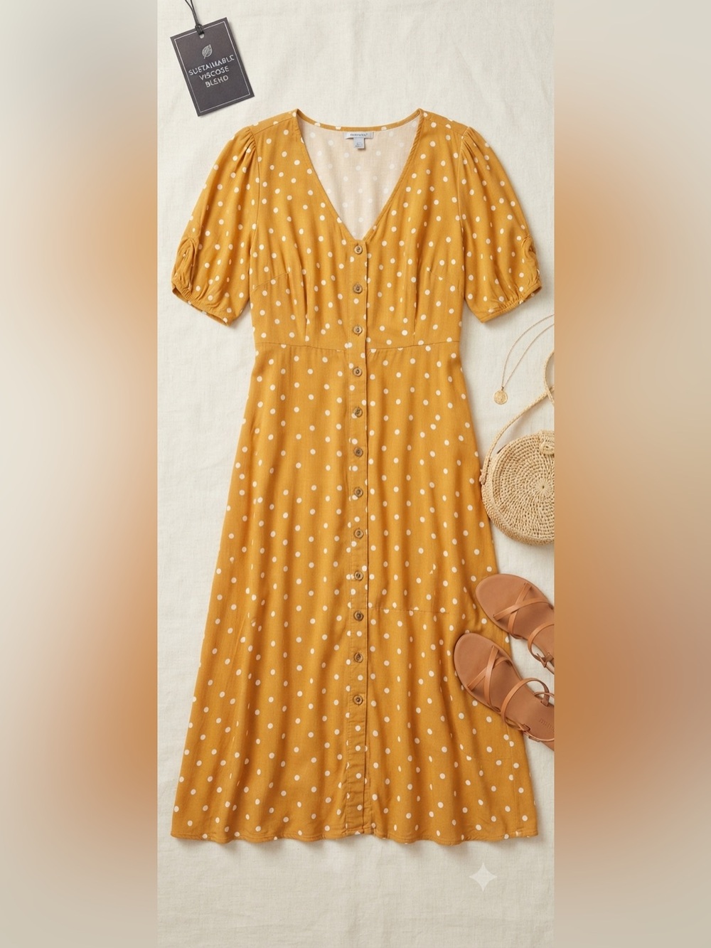 Ava & Viv Mustard Polka Dot Button-Front Midi Dress